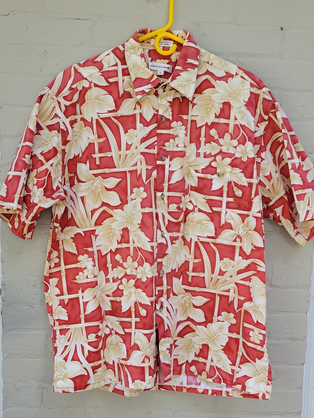 Pierre Cardin Tropical Leaf Design Mens L Cotton Button Front Short Sleeve Shirt